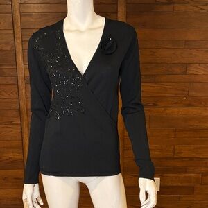 Sigrid Olsen Black Embellished V-Neck Wrap Top
